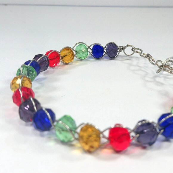 Rainbow Faceted Crystal Beaded Wire-Wrapped Bracelet - Picture 4 of 9